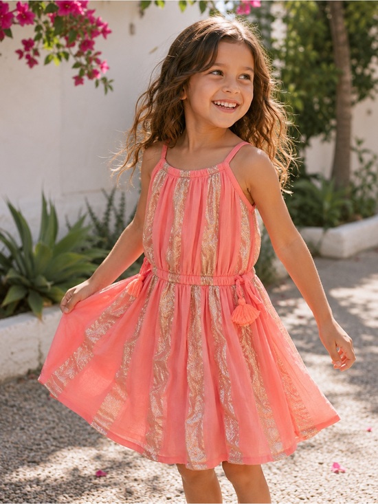 Mini Boden Other - Mini Boden Pink Metallic Stripe Tassel Dress 5-6Y Back to School Cotton